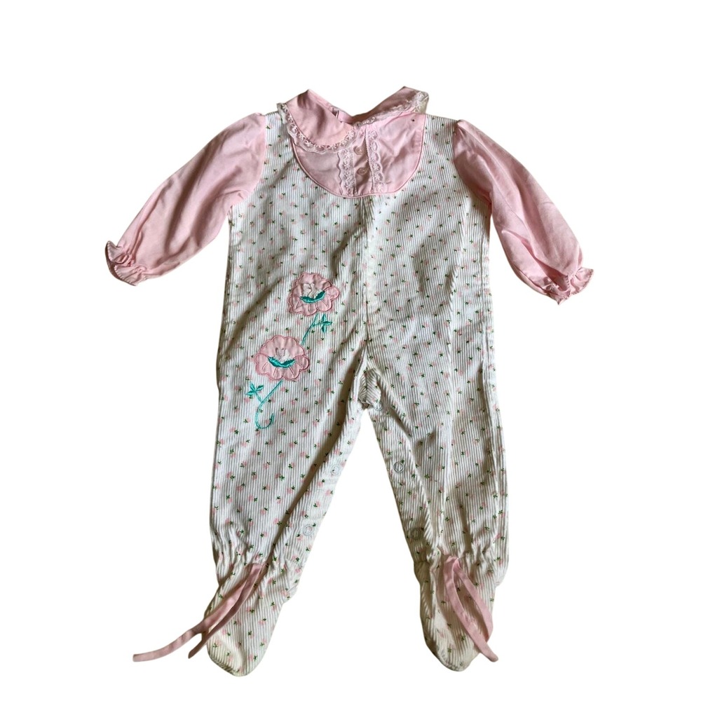 Vintage Floral Embroidered Baby Romper Footed Pink White Corduroy Jumpsuit 3-6 m
